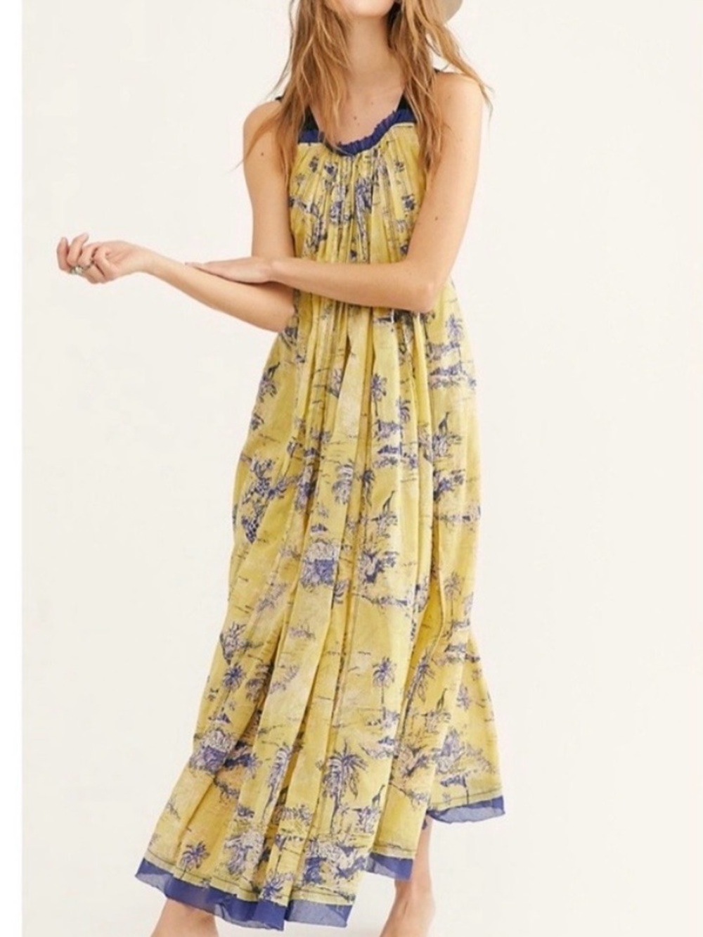 Free People Yellow Giraffe Print Cotton Maxi Dress Blue Ruffle Trim